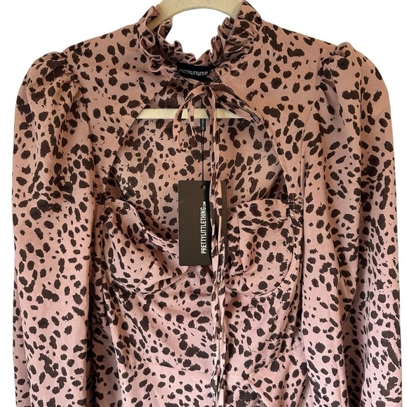 DUSTY PINK DALMATIAN TIE NECK PUFF SLEEVE WRAP SKIRT BODYCON DRESS SIZE MEDIUM - Picture 4 of 11